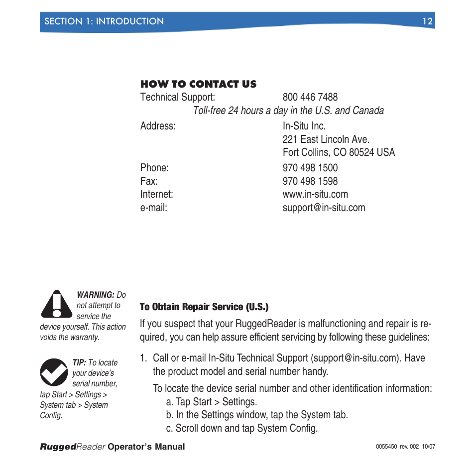 How to contact us, To obtain repair service (u.s.) | In-Situ RuggedReader Operators Manual for Blue RuggedReader User Manual | Page 12 / 81