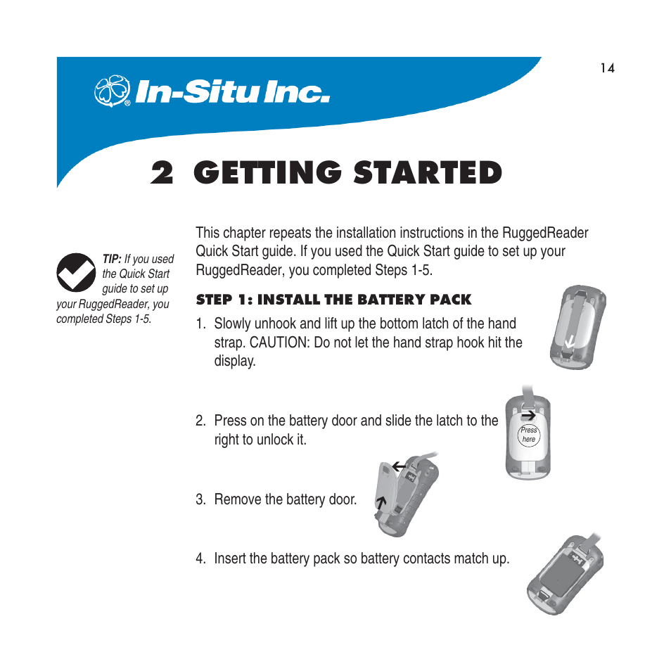 2 getting started, Step 1: install the battery pack | In-Situ RuggedReader Operators Manual for Blue RuggedReader User Manual | Page 14 / 81