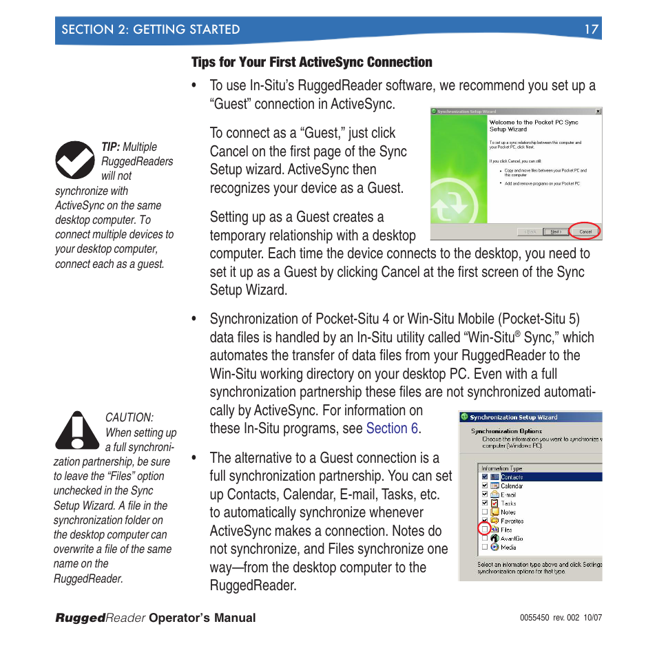 Tips for your first activesync connection | In-Situ RuggedReader Operators Manual for Blue RuggedReader User Manual | Page 17 / 81