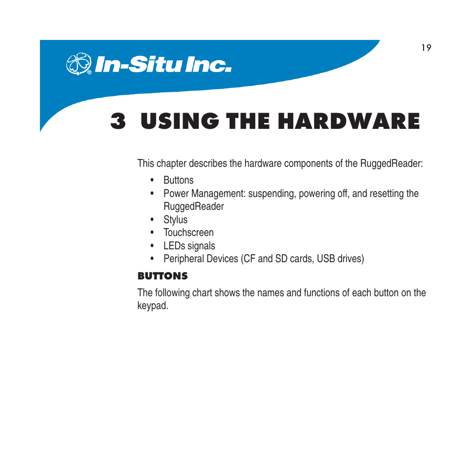 3 using the hardware, Buttons | In-Situ RuggedReader Operators Manual for Blue RuggedReader User Manual | Page 19 / 81