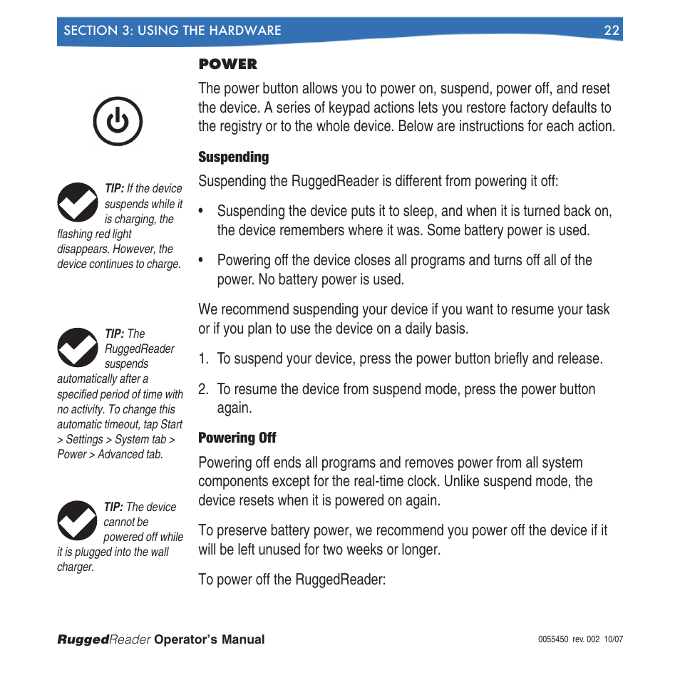 Power, Suspending powering off | In-Situ RuggedReader Operators Manual for Blue RuggedReader User Manual | Page 22 / 81
