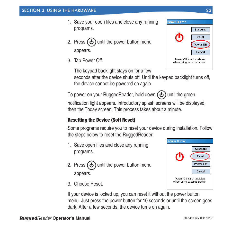 Resetting the device (soft reset) | In-Situ RuggedReader Operators Manual for Blue RuggedReader User Manual | Page 23 / 81