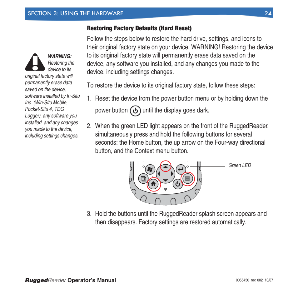 Restoring factory defaults (hard reset) | In-Situ RuggedReader Operators Manual for Blue RuggedReader User Manual | Page 24 / 81