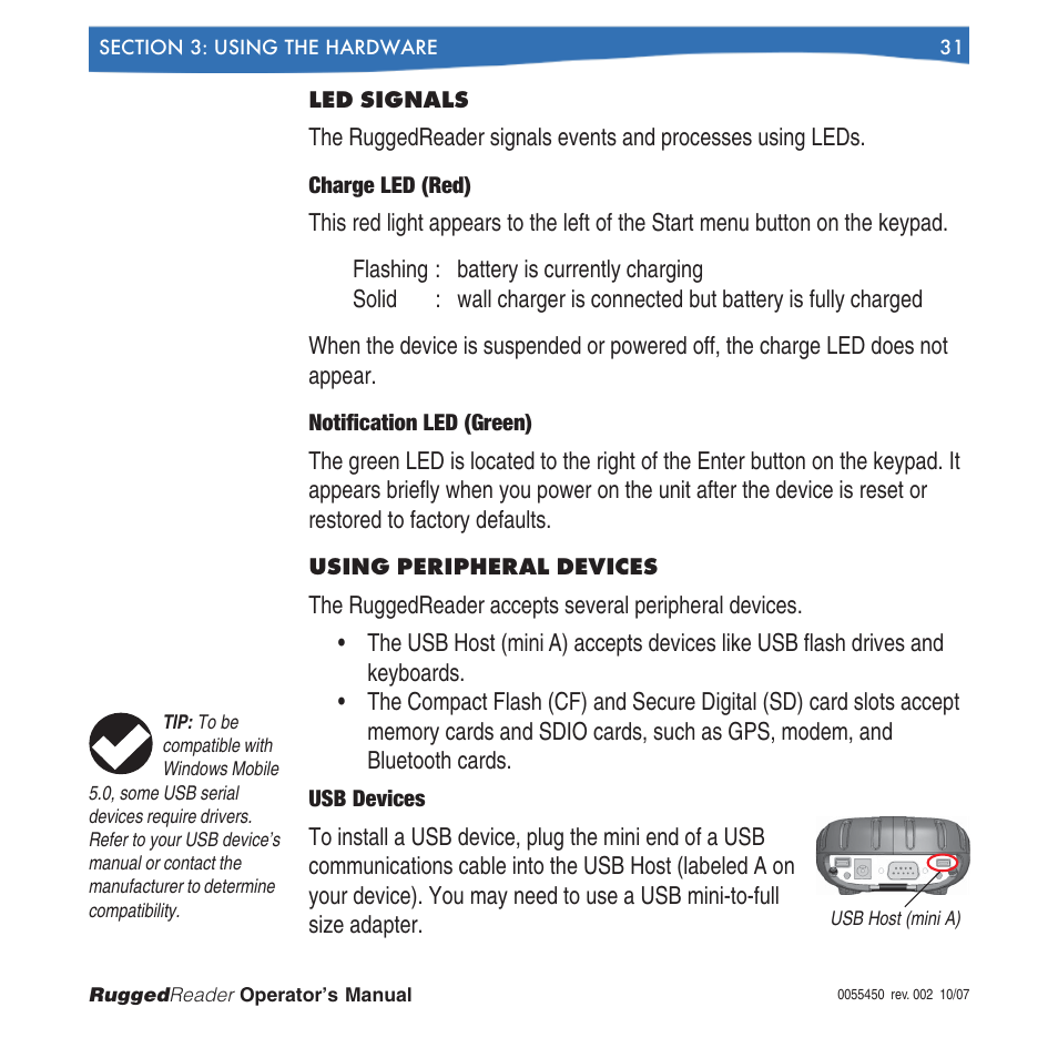 Led signals using peripheral devices, Usb devices | In-Situ RuggedReader Operators Manual for Blue RuggedReader User Manual | Page 31 / 81