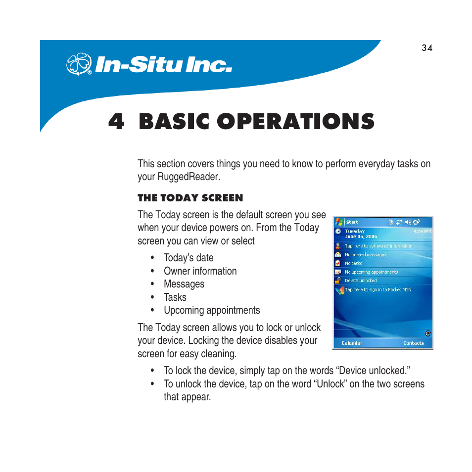 4 basic operations, The today screen, For windows mobile software features, go to | Section 4 | In-Situ RuggedReader Operators Manual for Blue RuggedReader User Manual | Page 34 / 81