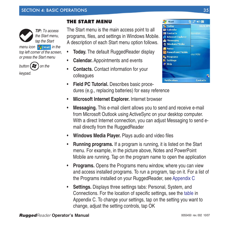 The start menu | In-Situ RuggedReader Operators Manual for Blue RuggedReader User Manual | Page 35 / 81