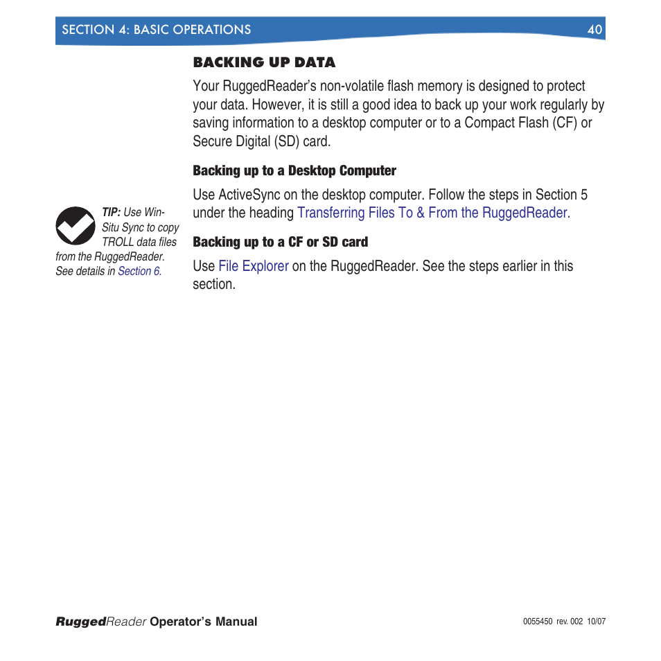Backing up data | In-Situ RuggedReader Operators Manual for Blue RuggedReader User Manual | Page 40 / 81
