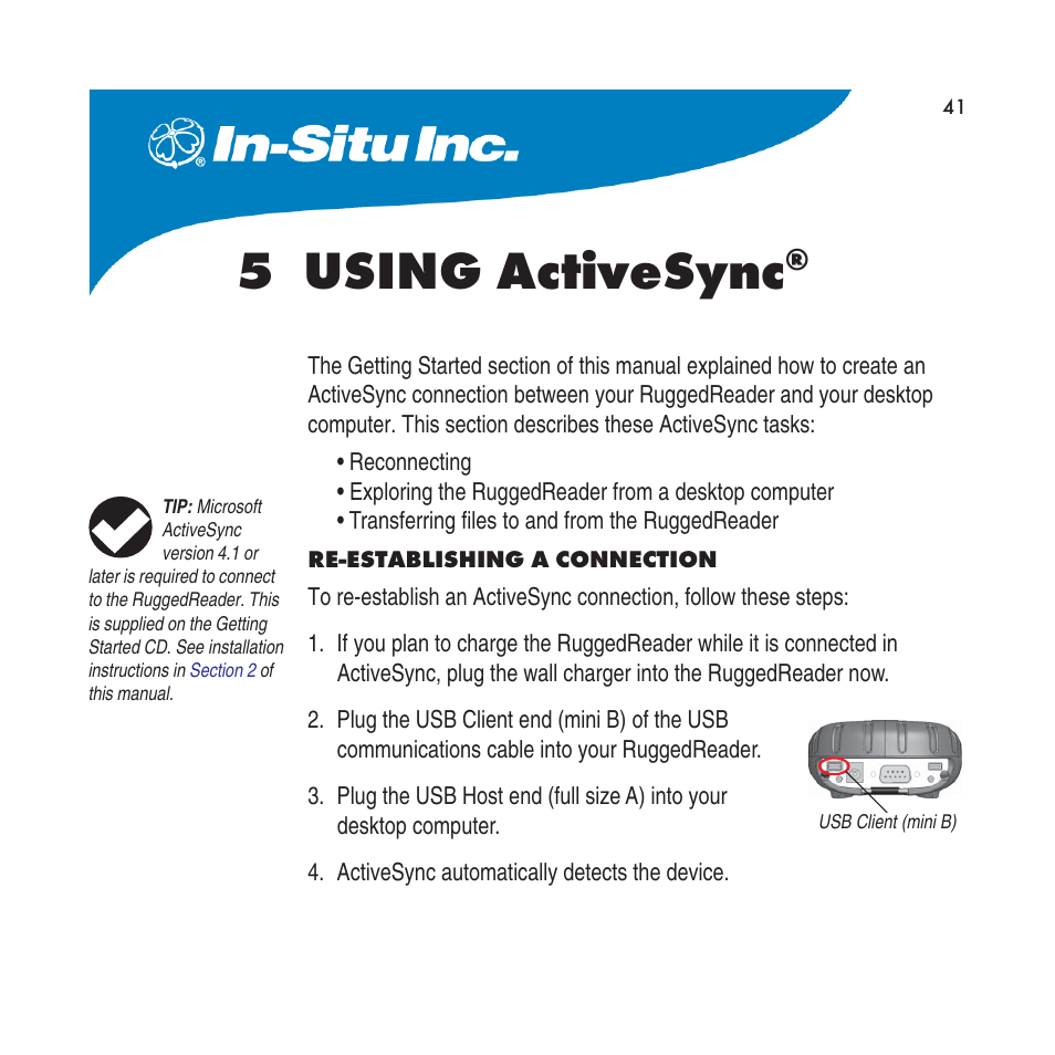 5 using activesync, Re-establishing a connection, Section 5 | In-Situ RuggedReader Operators Manual for Blue RuggedReader User Manual | Page 41 / 81