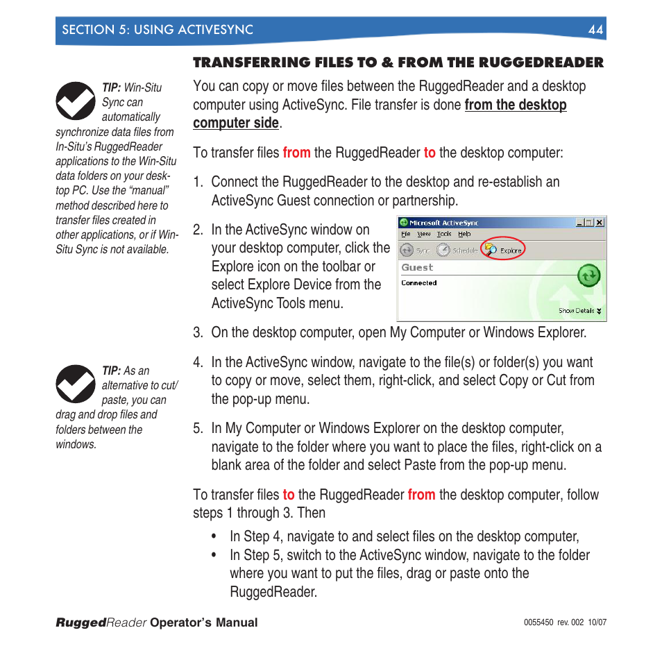 Transferring files to & from the ruggedreader, Under the heading | In-Situ RuggedReader Operators Manual for Blue RuggedReader User Manual | Page 44 / 81