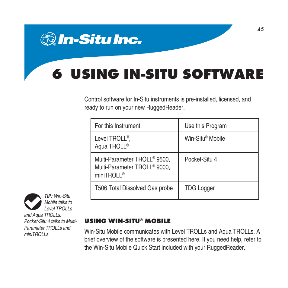 6 using in-situ software, Using win-situ® mobile, Situ devices, turn to | Section 6 | In-Situ RuggedReader Operators Manual for Blue RuggedReader User Manual | Page 45 / 81