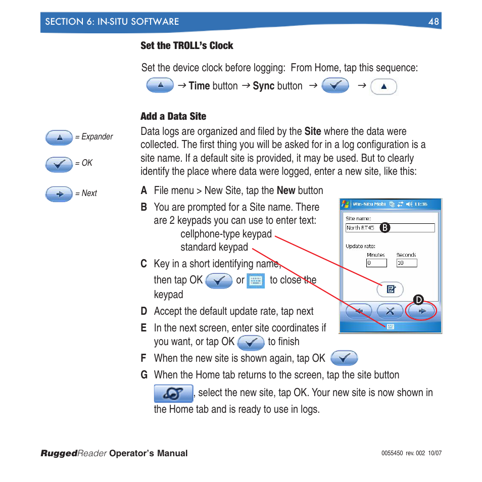 Set the troll’s clock add a data site | In-Situ RuggedReader Operators Manual for Blue RuggedReader User Manual | Page 48 / 81
