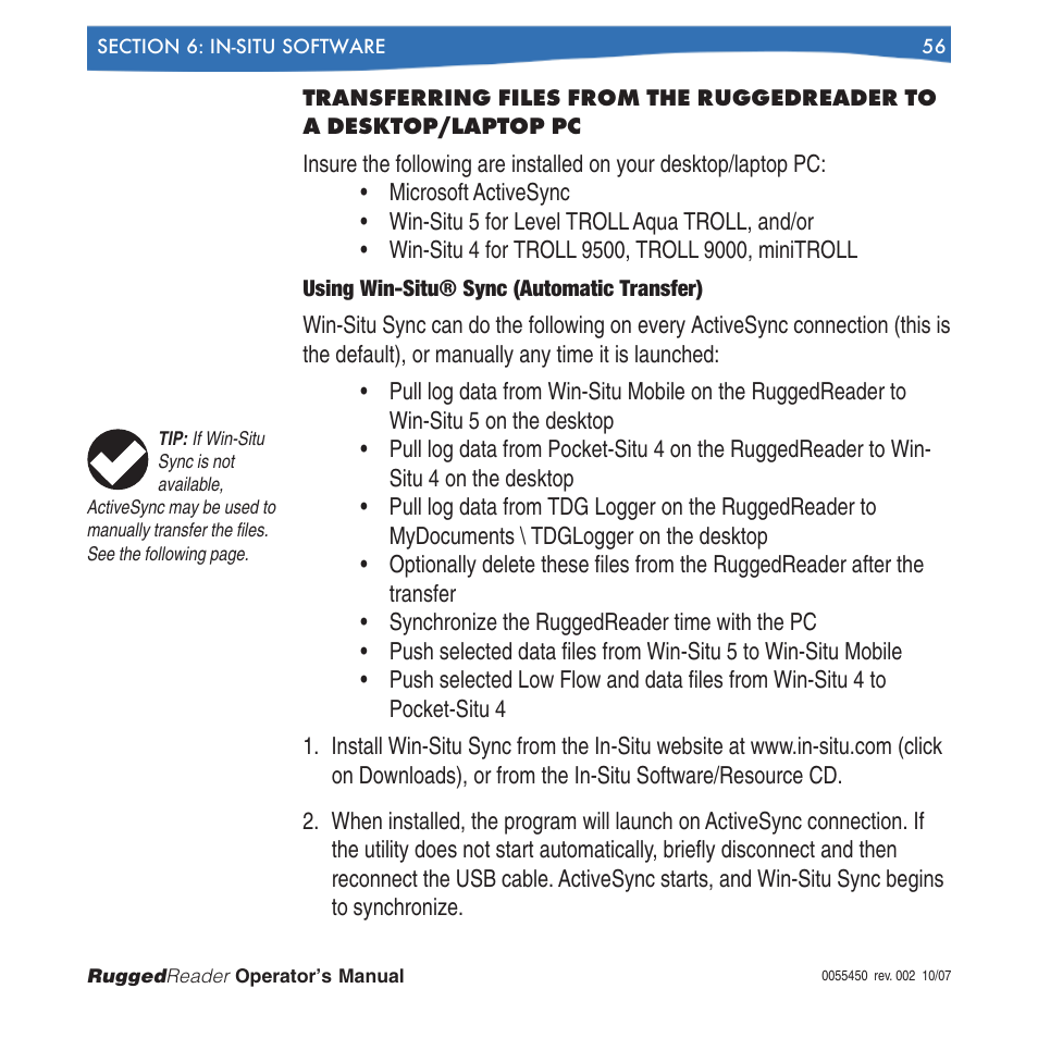 Using win-situ® sync (automatic transfer), Section 6 | In-Situ RuggedReader Operators Manual for Blue RuggedReader User Manual | Page 56 / 81