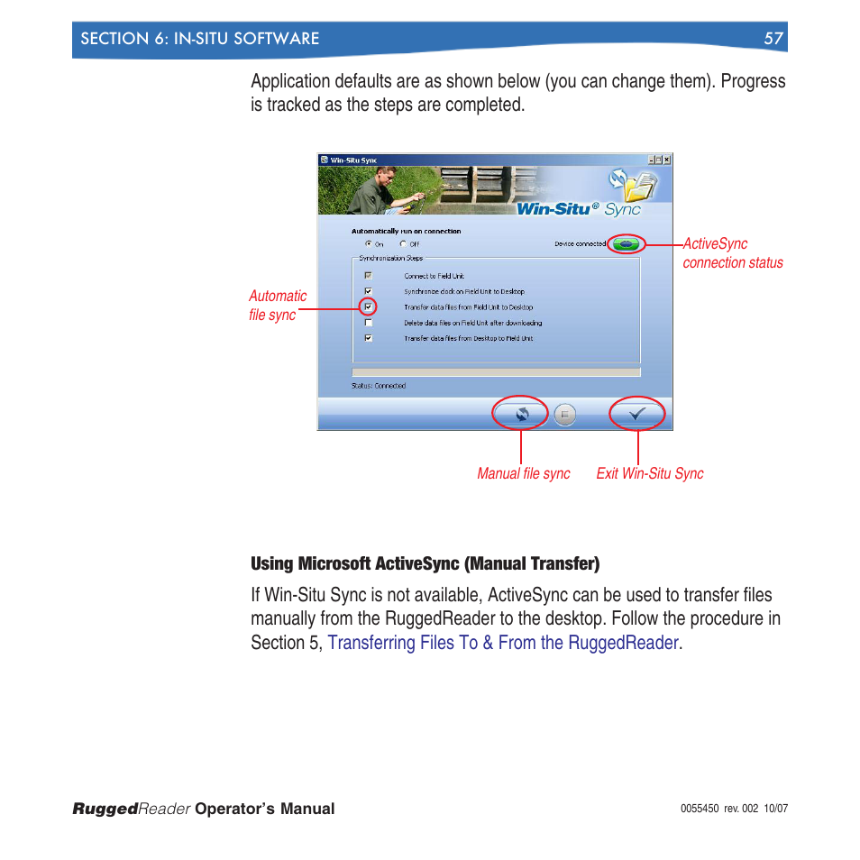 Using microsoft activesync (manual transfer) | In-Situ RuggedReader Operators Manual for Blue RuggedReader User Manual | Page 57 / 81