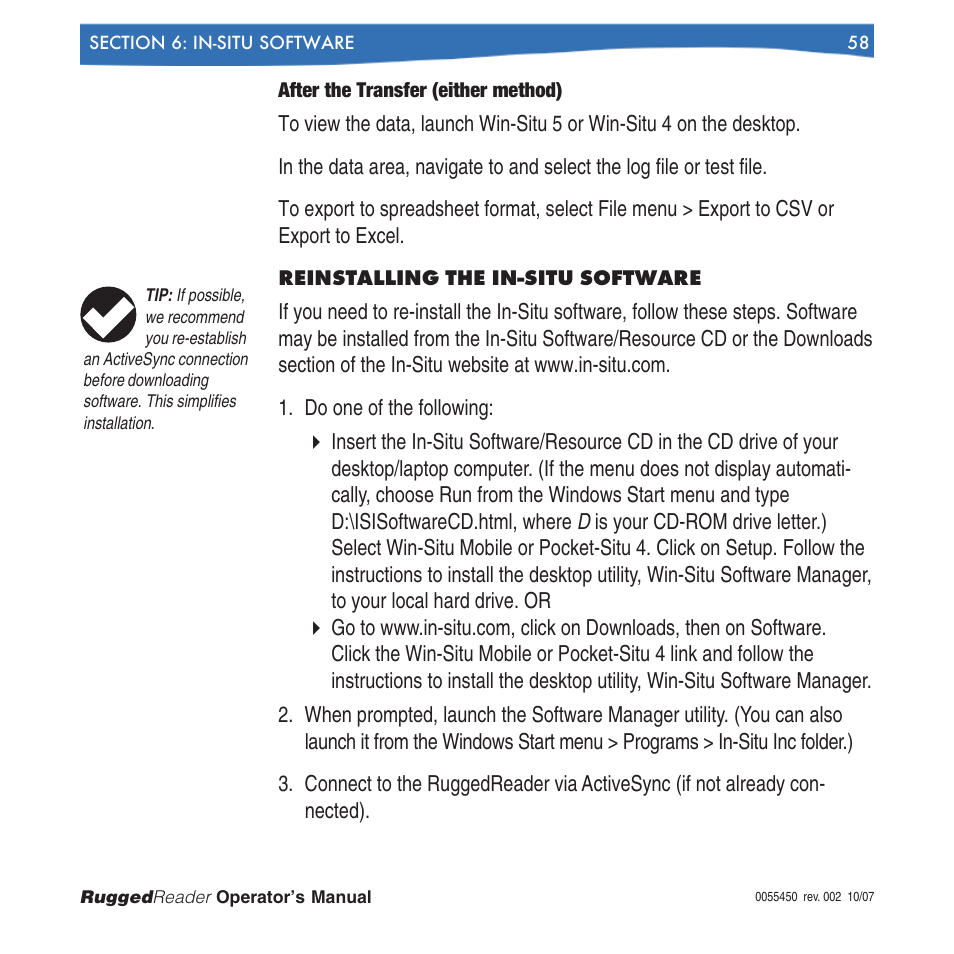 After the transfer (either method), Reinstalling the in-situ software | In-Situ RuggedReader Operators Manual for Blue RuggedReader User Manual | Page 58 / 81