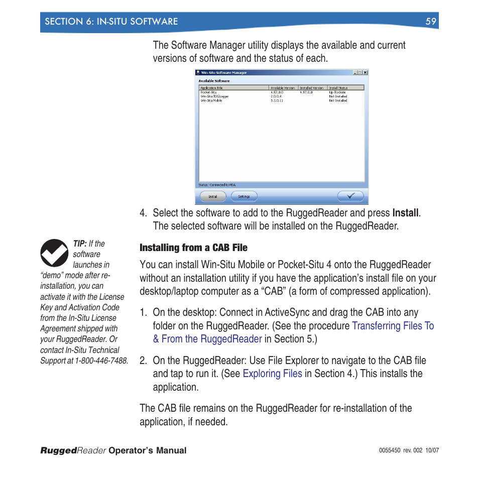 Installing from a cab file | In-Situ RuggedReader Operators Manual for Blue RuggedReader User Manual | Page 59 / 81