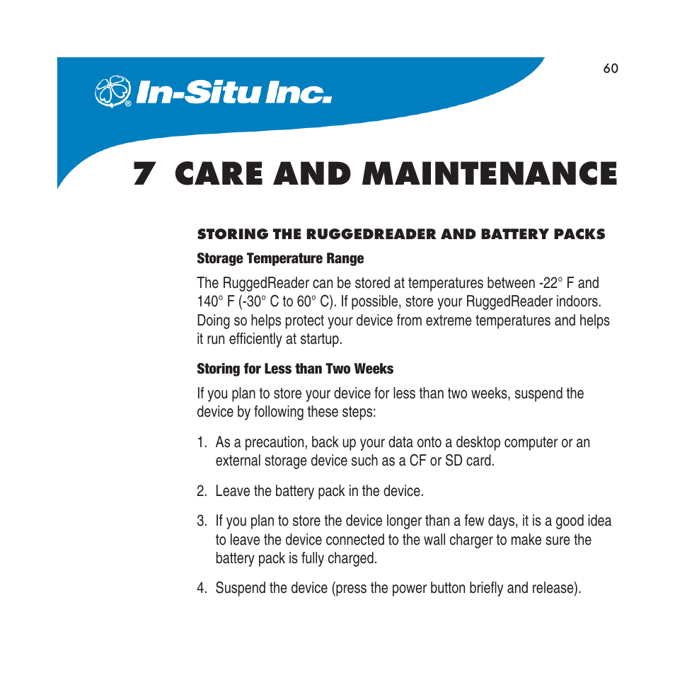 7 care and maintenance, Storing the ruggedreader and battery packs | In-Situ RuggedReader Operators Manual for Blue RuggedReader User Manual | Page 60 / 81