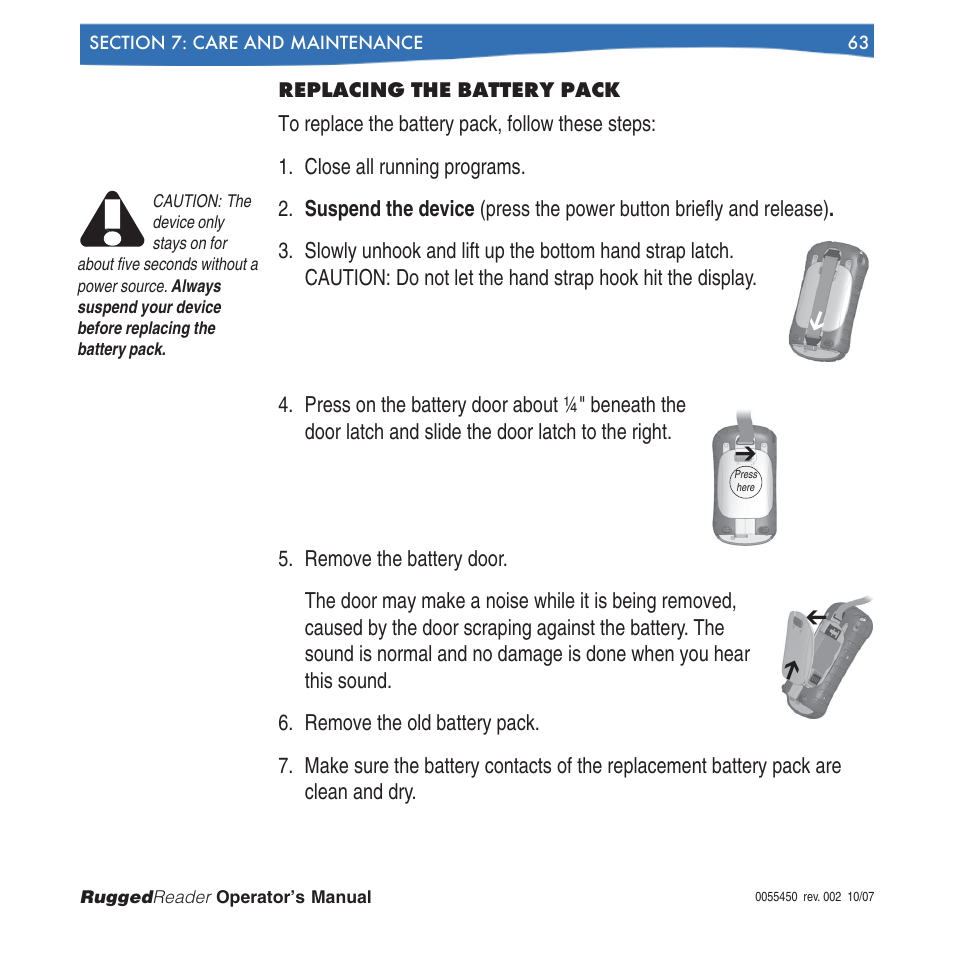 Replacing the battery pack | In-Situ RuggedReader Operators Manual for Blue RuggedReader User Manual | Page 63 / 81
