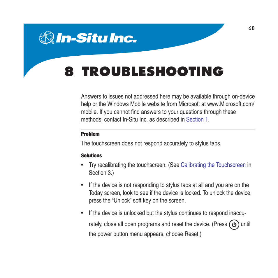 8 troubleshooting | In-Situ RuggedReader Operators Manual for Blue RuggedReader User Manual | Page 68 / 81