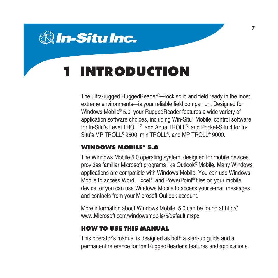 1 introduction, Windows mobile® 5.0 how to use this manual | In-Situ RuggedReader Operators Manual for Blue RuggedReader User Manual | Page 7 / 81