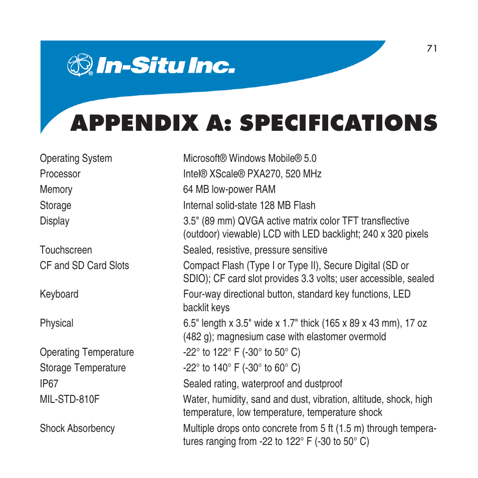 Appendix a: specifications | In-Situ RuggedReader Operators Manual for Blue RuggedReader User Manual | Page 71 / 81