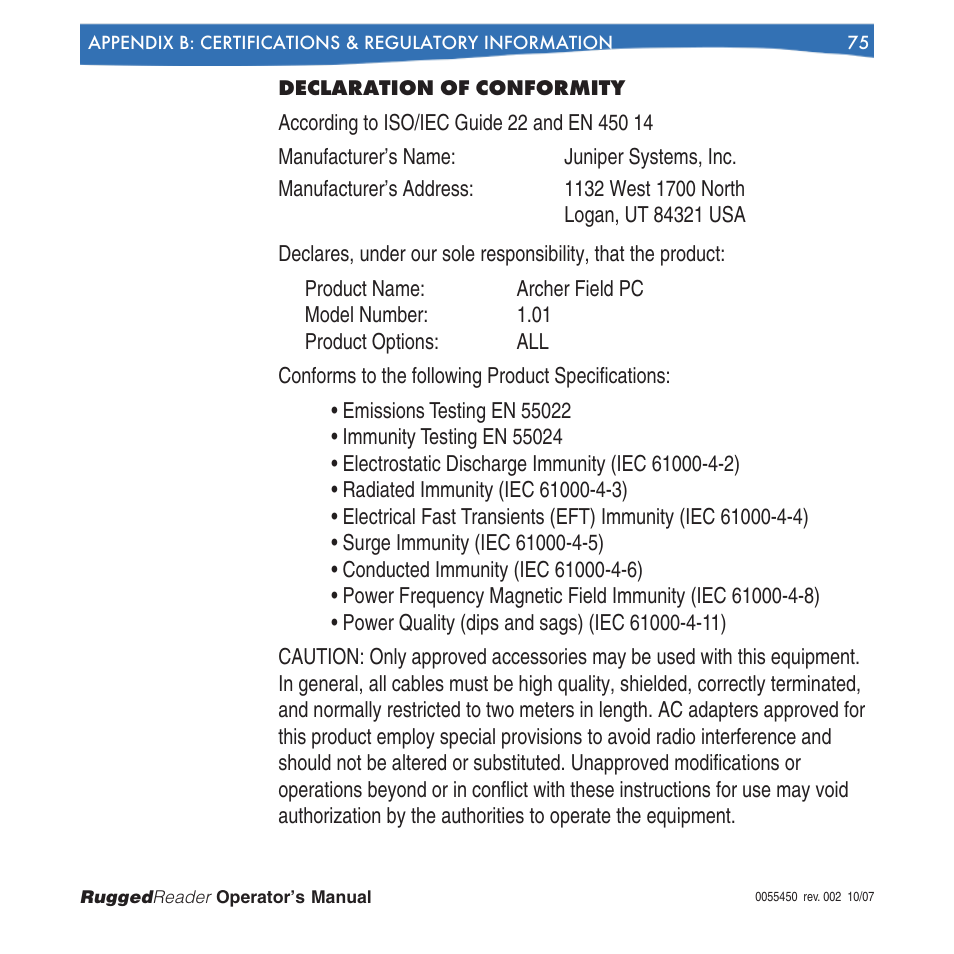 Declaration of conformity | In-Situ RuggedReader Operators Manual for Blue RuggedReader User Manual | Page 75 / 81