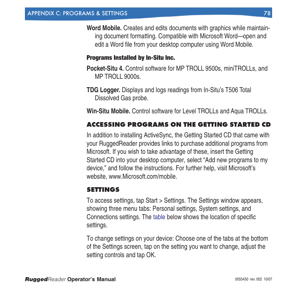 Programs installed by in-situ inc | In-Situ RuggedReader Operators Manual for Blue RuggedReader User Manual | Page 78 / 81