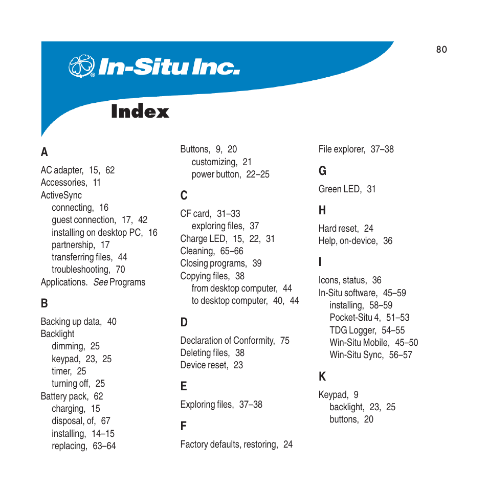 Index | In-Situ RuggedReader Operators Manual for Blue RuggedReader User Manual | Page 80 / 81