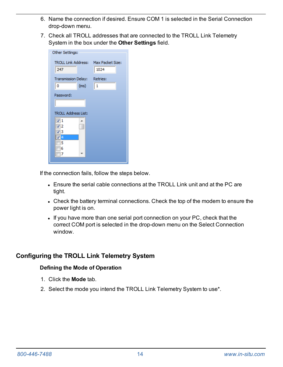Configuring the troll link telemetry system, Defining the mode of operation | In-Situ TROLL Link Telemetry System Operators Manual User Manual | Page 14 / 50