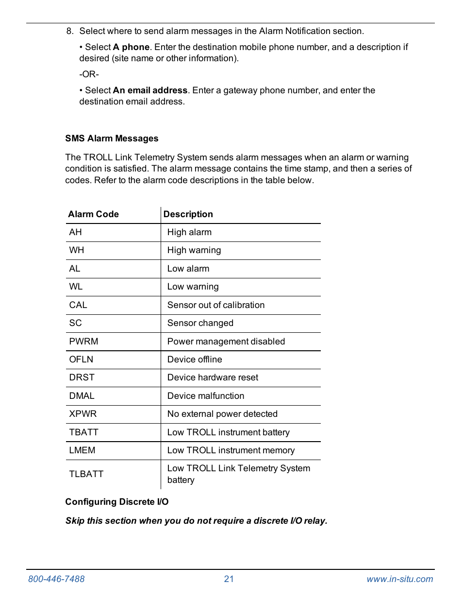 Sms alarm messages, Configuring discrete i/o | In-Situ TROLL Link Telemetry System Operators Manual User Manual | Page 21 / 50