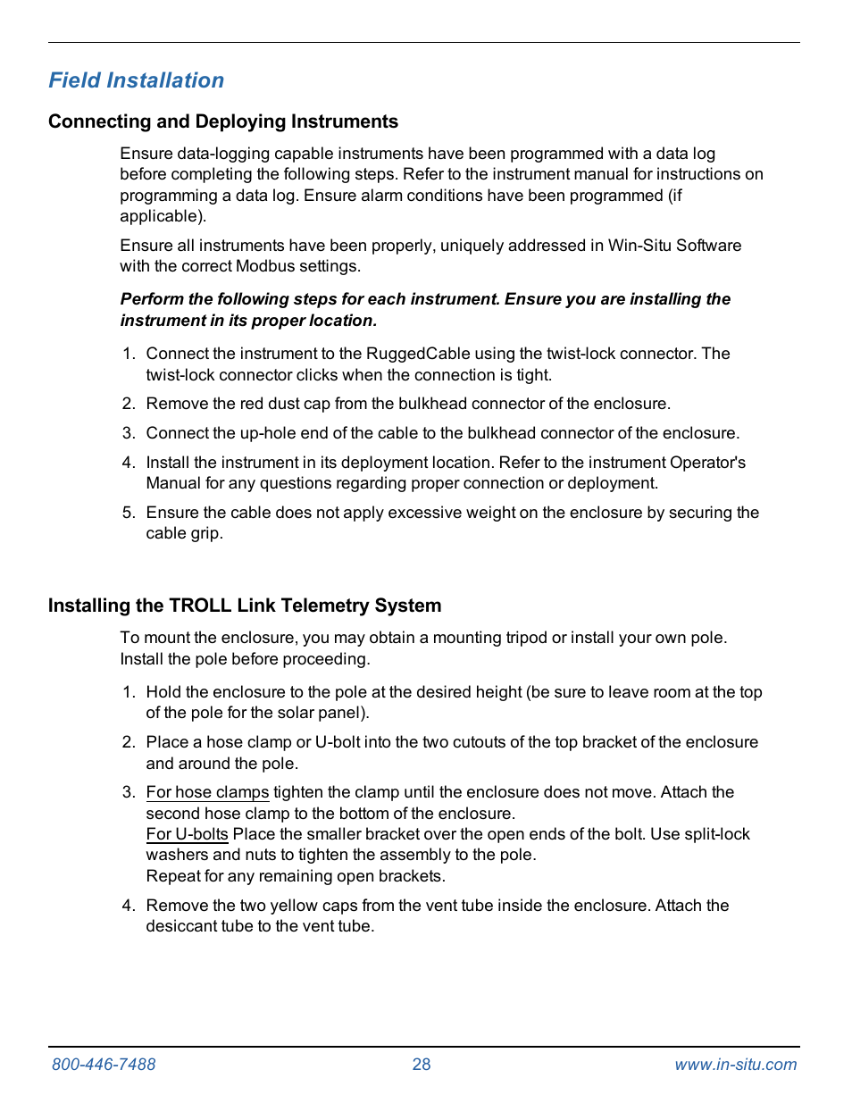 11 field installation, Connecting and deploying instruments, Installing the troll link telemetry system | Field installation | In-Situ TROLL Link Telemetry System Operators Manual User Manual | Page 28 / 50