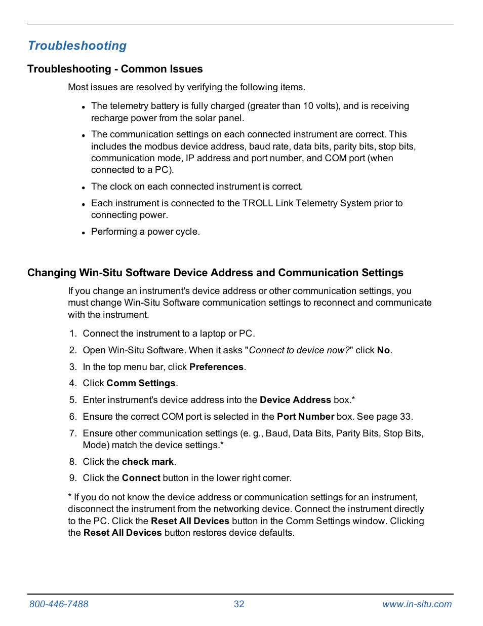13 troubleshooting, Troubleshooting - common issues, Troubleshooting | In-Situ TROLL Link Telemetry System Operators Manual User Manual | Page 32 / 50