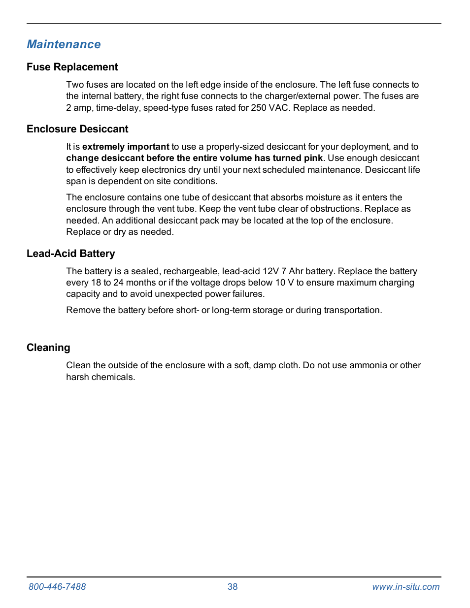 14 maintenance, Fuse replacement, Enclosure desiccant | Lead-acid battery, Cleaning, Maintenance | In-Situ TROLL Link Telemetry System Operators Manual User Manual | Page 38 / 50