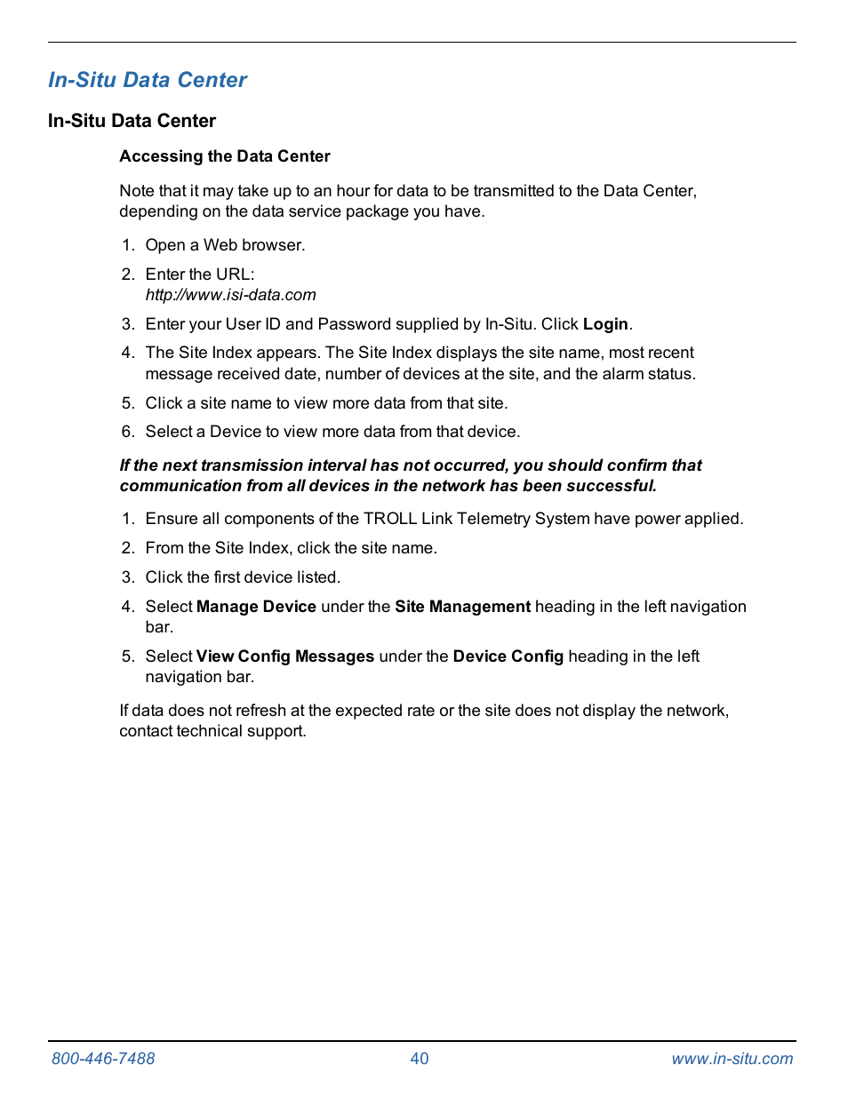 16 in-situ data center, In-situ data center, Accessing the data center | In-Situ TROLL Link Telemetry System Operators Manual User Manual | Page 40 / 50