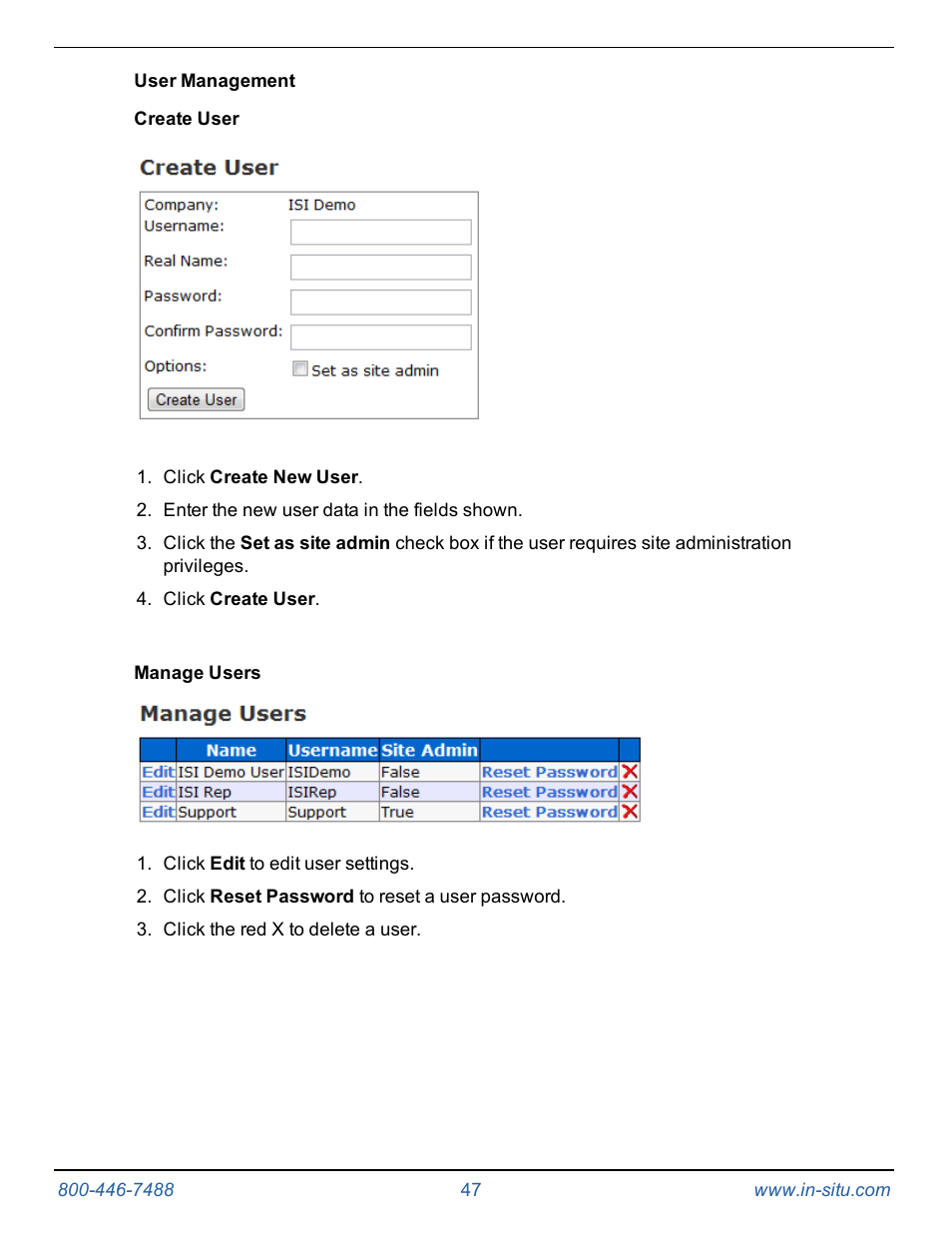 User management, Create user, Manage users | In-Situ TROLL Link Telemetry System Operators Manual User Manual | Page 47 / 50