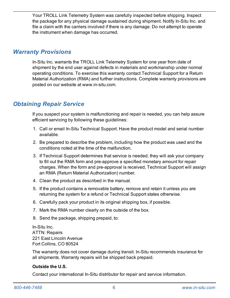 3 warranty provisions, 4 obtaining repair service, Warranty provisions | Obtaining repair service | In-Situ TROLL Link Telemetry System Operators Manual User Manual | Page 6 / 50