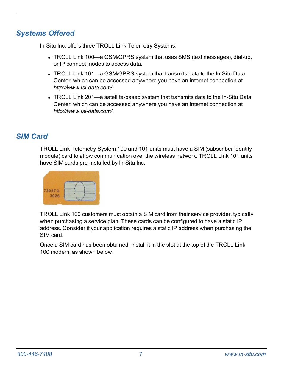 Systems offered, Sim card | In-Situ TROLL Link Telemetry System Operators Manual User Manual | Page 7 / 50
