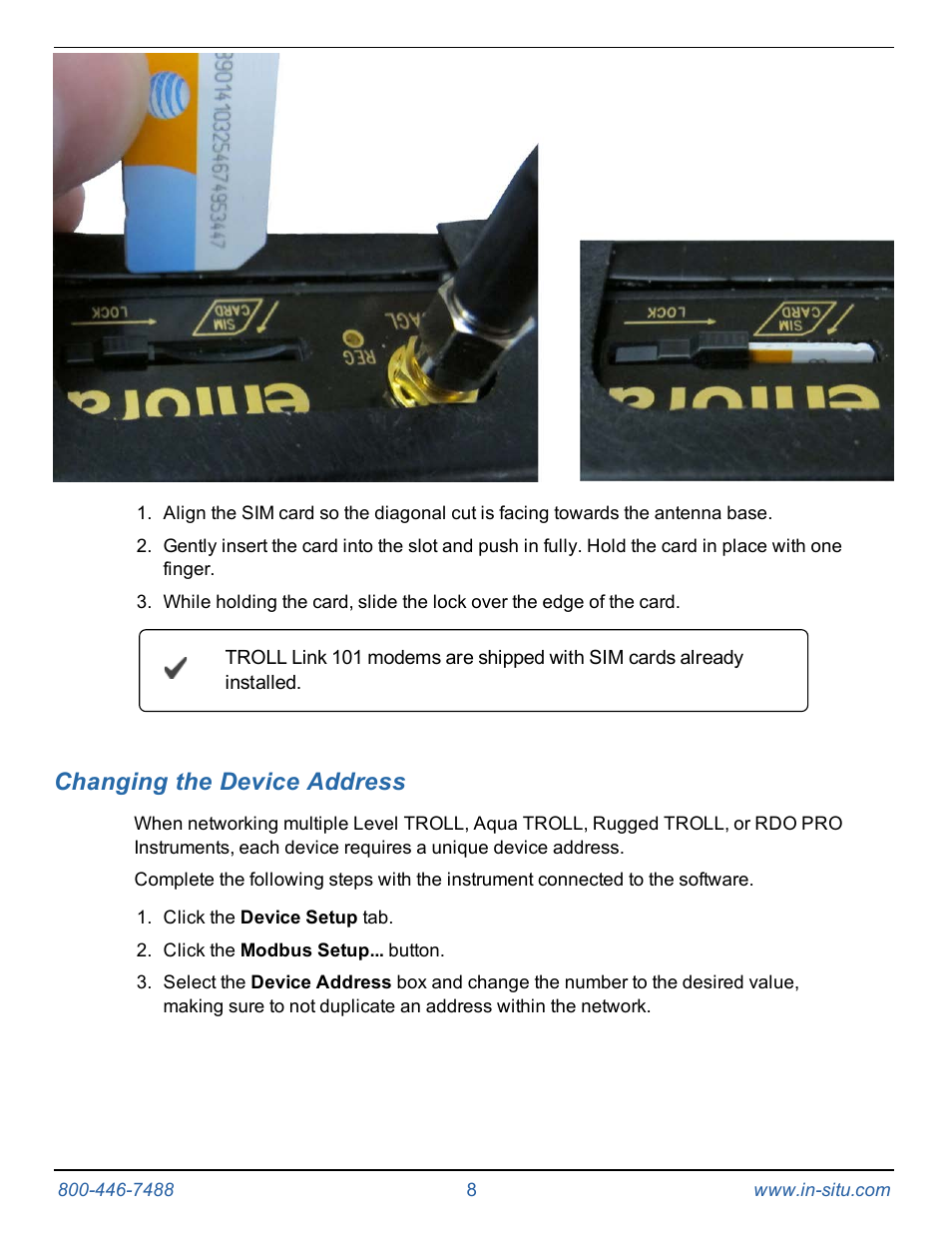 Changing the device address | In-Situ TROLL Link Telemetry System Operators Manual User Manual | Page 8 / 50