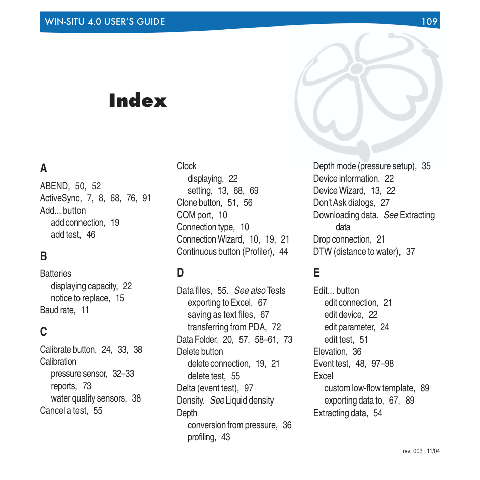 Index | In-Situ Win-Situ 4 / Pocket-Situ 4 Operators Manual User Manual | Page 109 / 111
