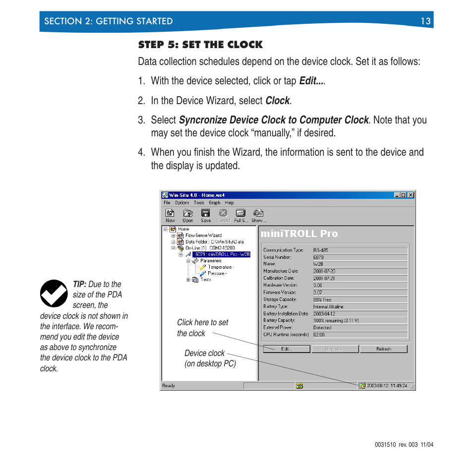 Step 5: set the clock | In-Situ Win-Situ 4 / Pocket-Situ 4 Operators Manual User Manual | Page 13 / 111