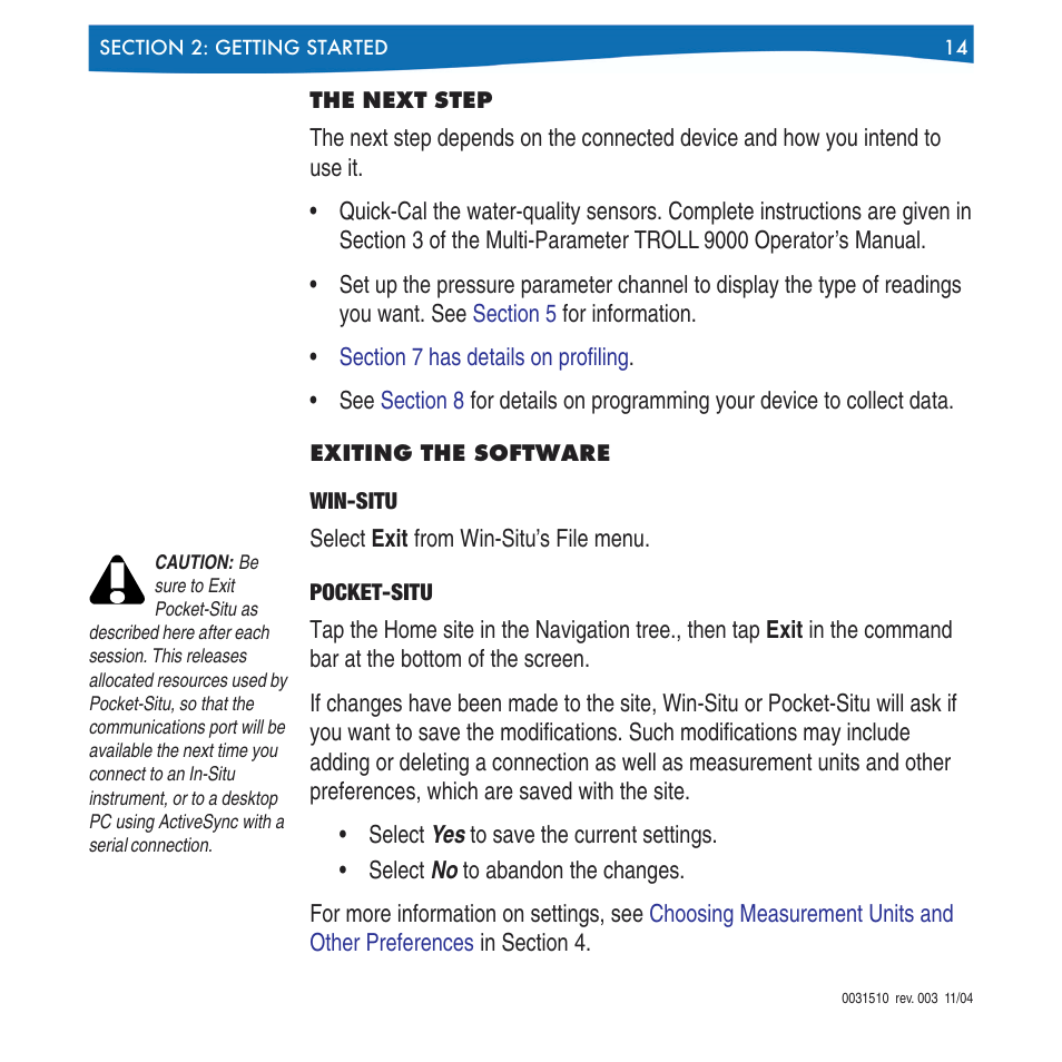 The next step exiting the software, Win-situ pocket-situ | In-Situ Win-Situ 4 / Pocket-Situ 4 Operators Manual User Manual | Page 14 / 111