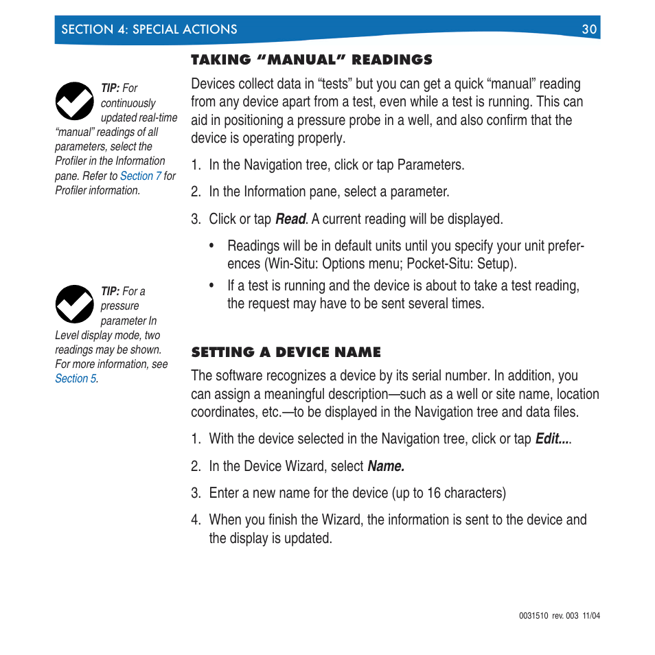 Taking “manual” readings setting a device name | In-Situ Win-Situ 4 / Pocket-Situ 4 Operators Manual User Manual | Page 30 / 111