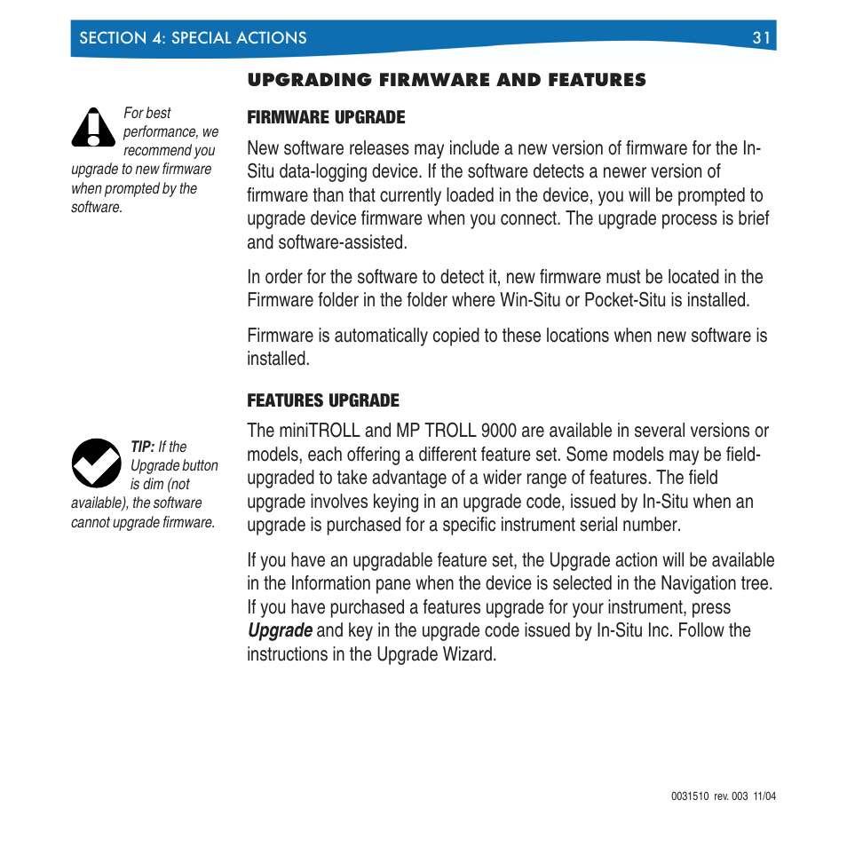 Upgrading firmware and features, Firmware upgrade features upgrade | In-Situ Win-Situ 4 / Pocket-Situ 4 Operators Manual User Manual | Page 31 / 111