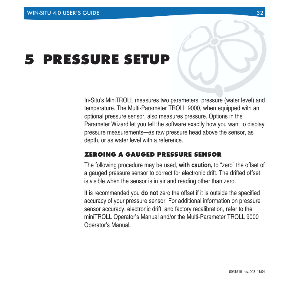 5 pressure setup, Zeroing a gauged pressure sensor, Section 5 | In-Situ Win-Situ 4 / Pocket-Situ 4 Operators Manual User Manual | Page 32 / 111