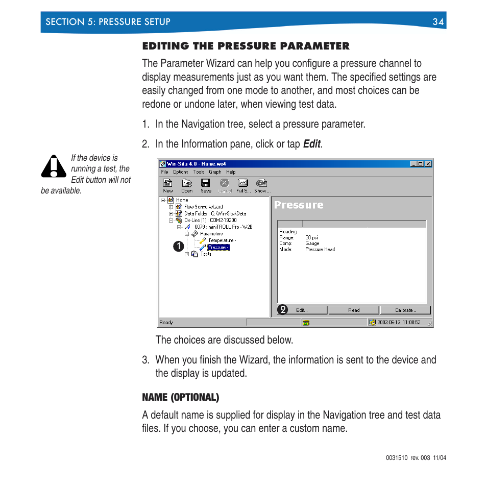 Editing the pressure parameter, Name (optional) | In-Situ Win-Situ 4 / Pocket-Situ 4 Operators Manual User Manual | Page 34 / 111
