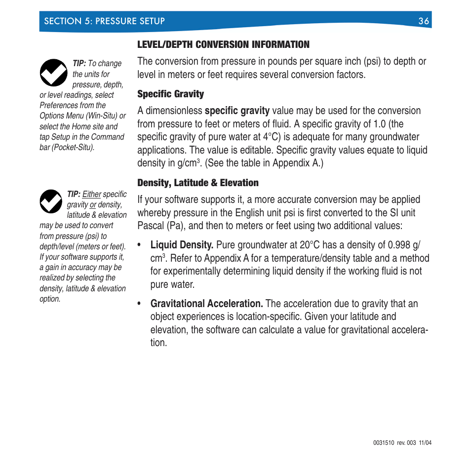 Level/depth conversion information, Specific gravity density, latitude & elevation | In-Situ Win-Situ 4 / Pocket-Situ 4 Operators Manual User Manual | Page 36 / 111