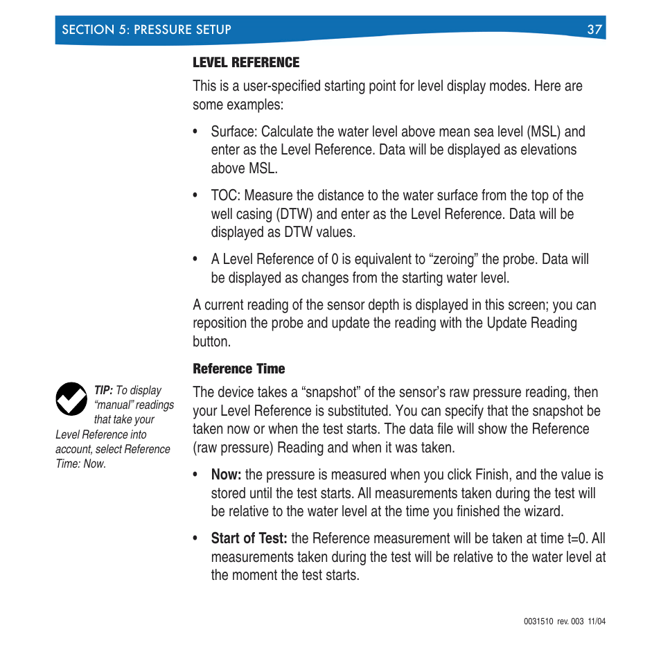 Level reference, Reference time | In-Situ Win-Situ 4 / Pocket-Situ 4 Operators Manual User Manual | Page 37 / 111