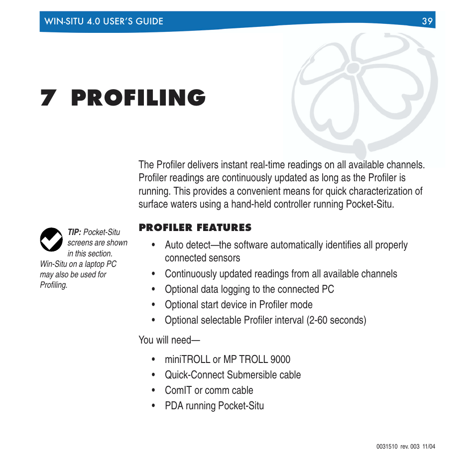 7 profiling, Profiler features, Section 7 has details on profiling | Pane. refer to, Section 7 | In-Situ Win-Situ 4 / Pocket-Situ 4 Operators Manual User Manual | Page 39 / 111