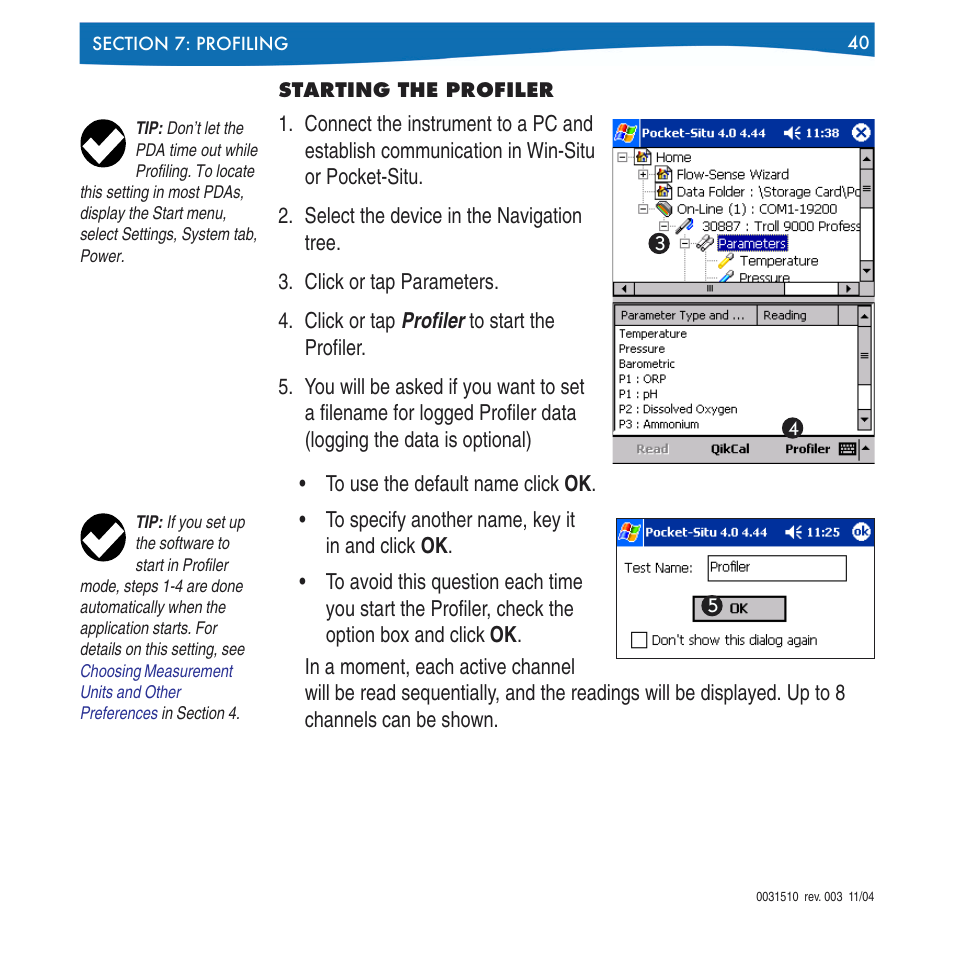 Starting the profiler | In-Situ Win-Situ 4 / Pocket-Situ 4 Operators Manual User Manual | Page 40 / 111