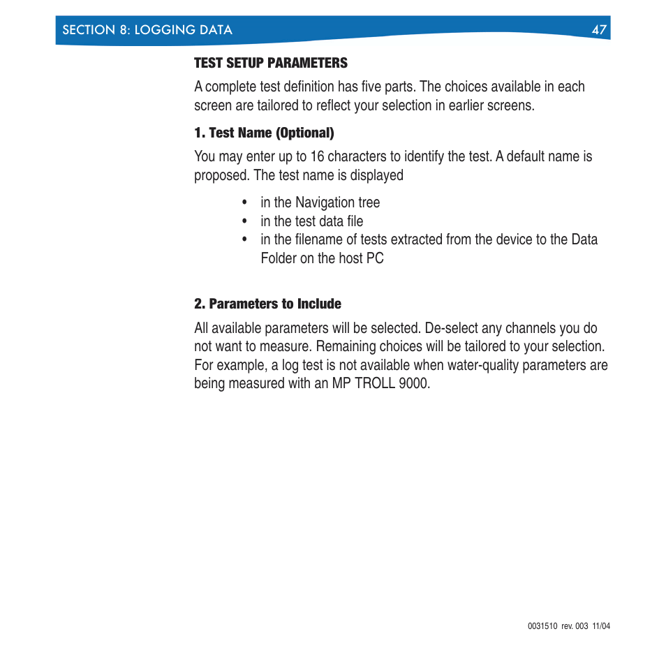 Test setup parameters, Test name (optional) 2. parameters to include | In-Situ Win-Situ 4 / Pocket-Situ 4 Operators Manual User Manual | Page 47 / 111