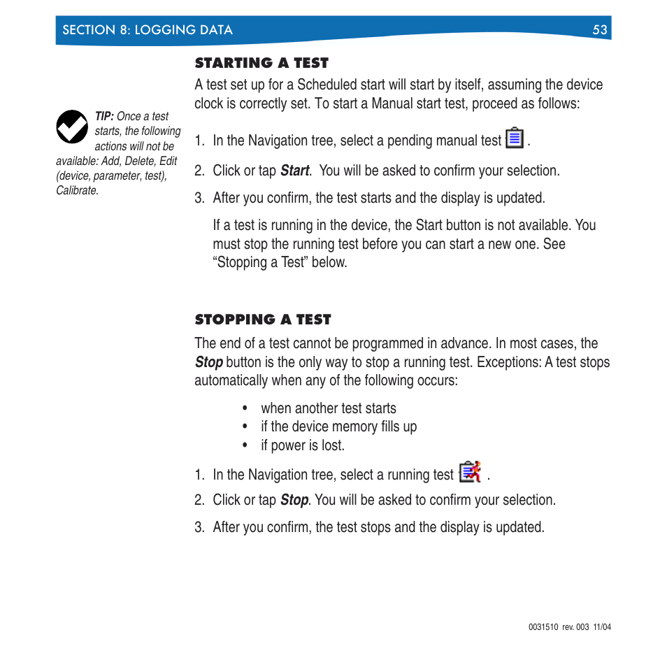 Starting a test stopping a test | In-Situ Win-Situ 4 / Pocket-Situ 4 Operators Manual User Manual | Page 53 / 111